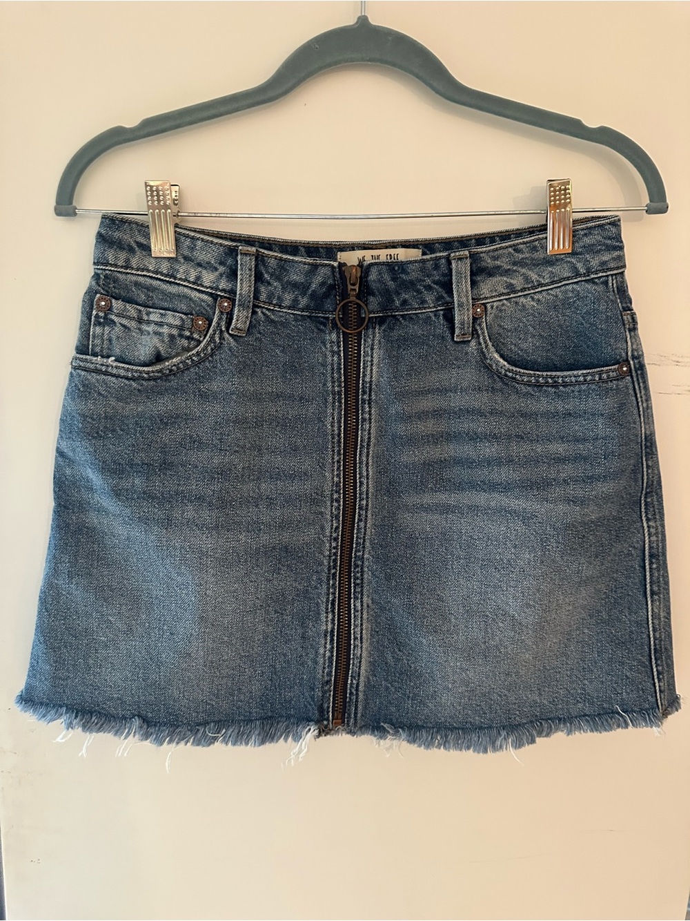 Free People Washed Blue Zip-Front Denim Mini Skirt